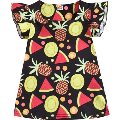 Baby Girls Dress Fruit Print Dresses Flying Sleeve Square Neck Dress for Birthday Party Photography