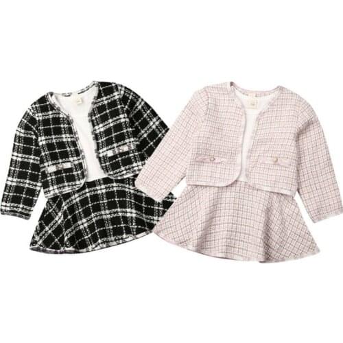 1-6Y Kids Baby Girls Dress Fashion Clothes Sets Birthday Long Sleeve Plaid Coat Tops Dress 2Pcs Party Warm Outfit