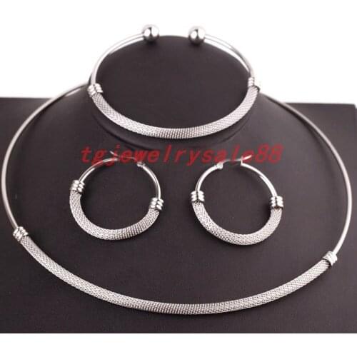 On Sale Charming Womens Girls Stainless Steel Silver Color Choker Collar Necklace Bracelet Earrings Jewelry Sets New Fashion