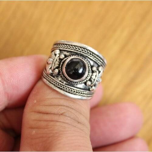 RG346 Ethnic Tibetan Copper Black Onyx Tiger Eye Stone Dorje Open Back Adjustable Ring Amulet Rings