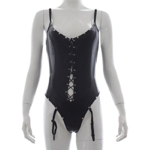 Sexy Women Wet Look Lace-up Teddy Bodysuit With Garter Belt Faux Leather Fetish Lingerie Mistriess Costume
