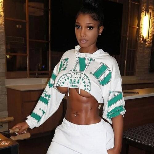 Sexy Crop Tops Hoodies Women Full Sleeve Pullover Loose Short Sweatshirt Autumn Fashion Letter Print Tracksuit Club Wear Hoodies