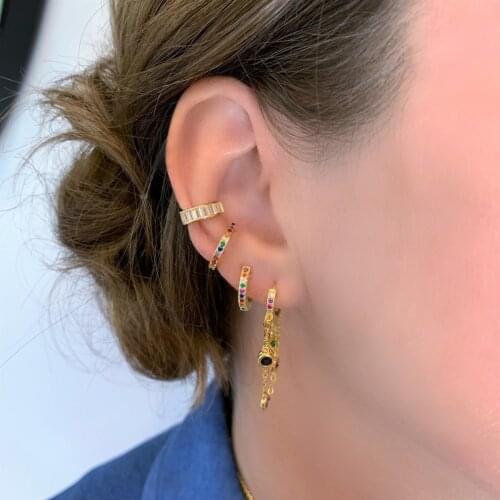 Round Baguette cz tassel chain Small Hoop Earrings For Women 925 sterling silver rainbow gold filled statement gorgeous Jewelry