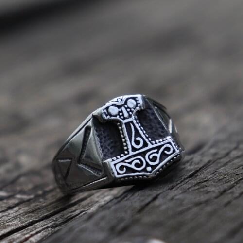 Nordic Men Women Viking Odin Mjolnir 316L Stainless Steel Ring Thor Hammer Runes Amulet Rings Biker Jewelry