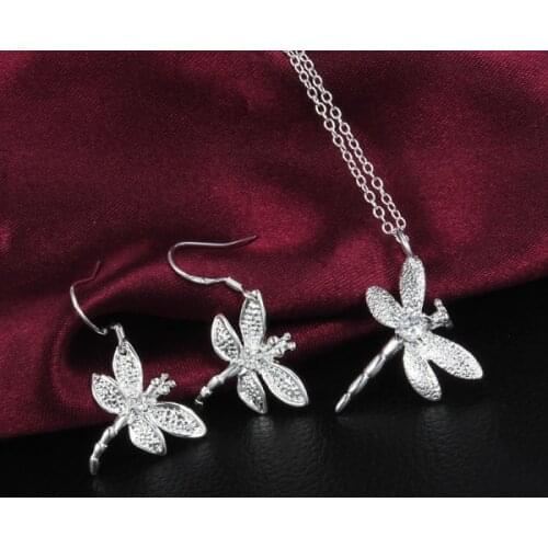 Special offer fashion Party wedding Jewelry set 925 sterling Silver Crystal dragonfly pendant necklace earrings for Women gifts