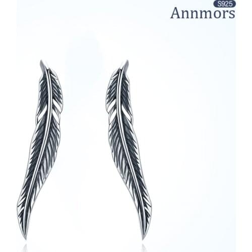 ANNMORS Vintage Feather Stud Earrings for Woman Family Lucky Gift Prevent Allergy S925 Sterling Silver Fine Jewelry Earrings