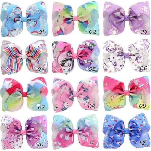 12 pcs/lot, 8" Large Unicorn Print Ribbon Bow Hair Clips , Girls Hair Accessory Birthday Party Gift