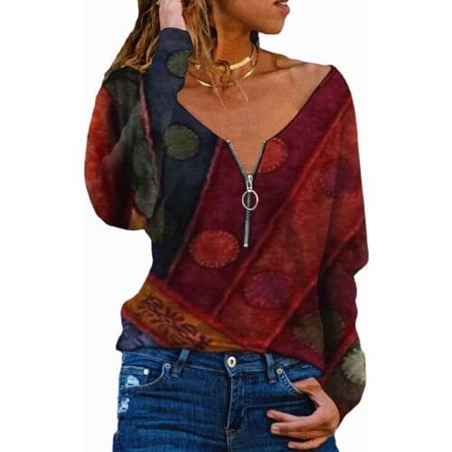 Vintage Graphic Printed Women Blouse Shirt 2021 Autumn Long Sleeve Zipper V-neck Pullover Tops Comfortable Long Sleeve Shirts