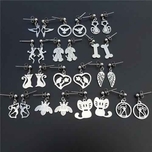 Stainless Steel Earrings Peace Dove Bird Cat Dog Bone Lizard Wing Drop Earring Women Jewelry Wholesale 12 pairs/lot Mix Styles