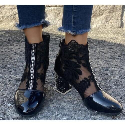 2021 Spring Womens Shoes Ladies Lace Genuine Leather Fashion Boots Female High Heels Round Toe Plus Size 35-43 Pumps