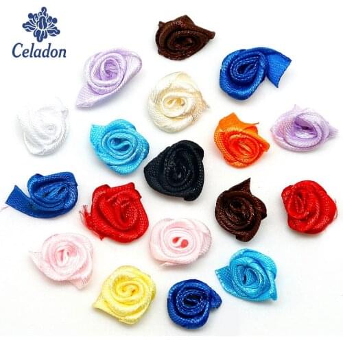 50pcs 15mm Handmade Lovely Mini Satin Ribbon Rolled Fabric DIY Rose Flowers For Girl Hair Accessories