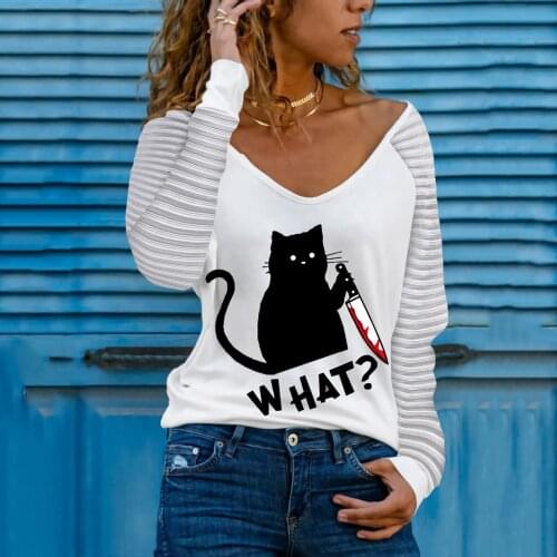40# 3d Cat Printing blouse Women Summer Casual Long Sleeve V Neck Loose Graphic Shirt Harajuku Plus Size Tops Female blusas