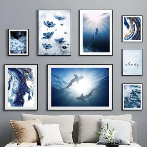 Diving Girl Shark Blue Ink Flower Rock Wall Art Canvas Painting Nordic Posters And Prints Wall Pictures For Living Room Decor
