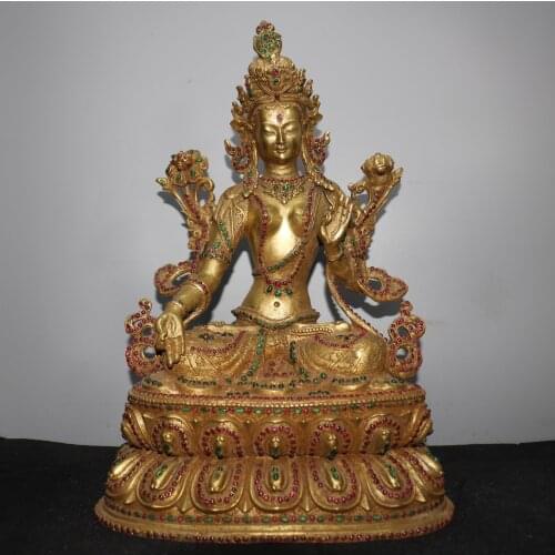 Home Decor 18"Nepal Buddhism Old Bronze Gilt mosaic Gem Seven Eyes Tara White Tara Sitting Buddha Enshrine the Buddha