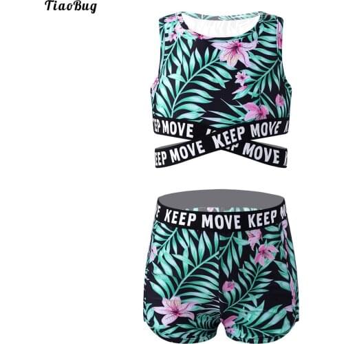 TiaoBug 2Pcs Kids Girls Swimwear Round Neck Sleeveless Cross Sash Crop Tops And Shorts Set Beach Pool Swimming Bathing Rashguard