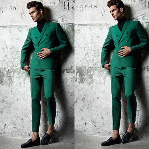 Double Breasted Green Mens Suits Groom Wear Wedding Blazer Tuxedos Formal Business Prom Pants Coat Jacket 2 Pieces