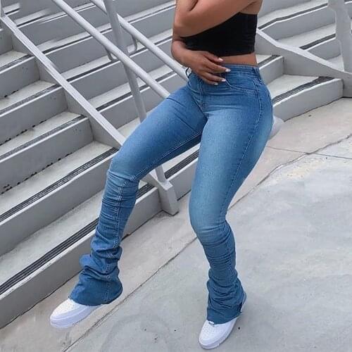 Ruched Denim Blue High Wait Stacked Pants Autumn 2021 y2k Women Clothing Streetwear Jeans Fashion Skinny Pockets Trousers