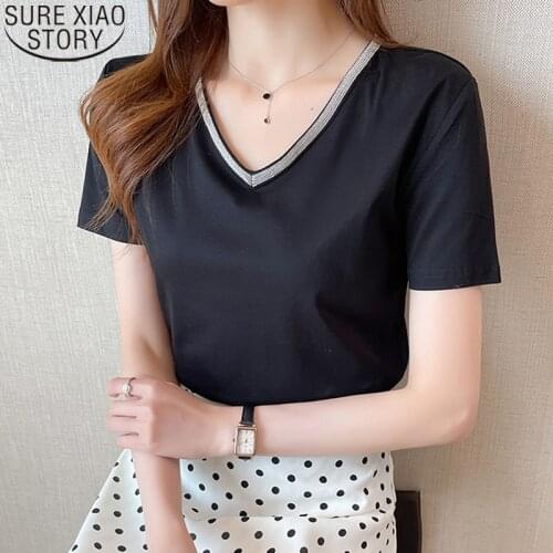 Summer Cool Mercerized Cotton Tshirt Women Tees 2021 New Short Sleeve V-neck Round Collar White Black Casual Tops T-shirts 14870