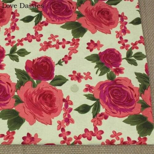 Cotton/Linen BEIGE Big Red Purple Rose Peony Flower Fabric for Cushion Curtain Home Decor Tablecloth Apparel Dress Handwork