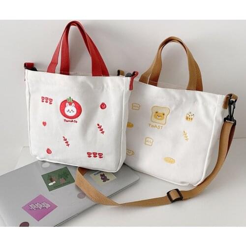 Women Canvas Bag Cute Embroidery Shoulder Bags Cotton Cloth Handbag Tote Small Crossbody Messenger Bags Girls Zipper Purses