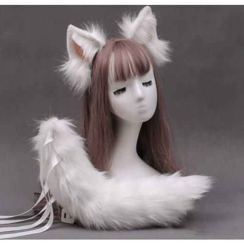 Faux Fur Wolf Ears Headband Furry Animal Tail Cosplay Props Carnival Party Fancy Dress Halloween Costume Accessories