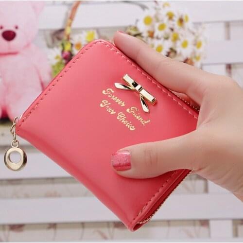Womens Wallet Cute Short Letter Bow Female Cute Pu Leather Zipper Coin Purses Ladies Card Holder Money Pocket Clutch Bag