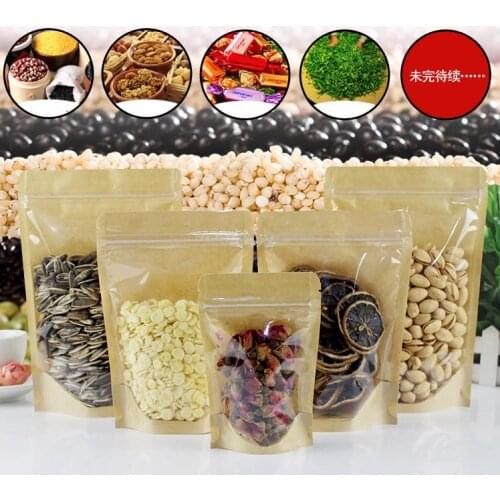 Kraft Paper food packing bags Reusable Plastic front Transparent stand up pouch Gift Candy Baking snack bag SN1256