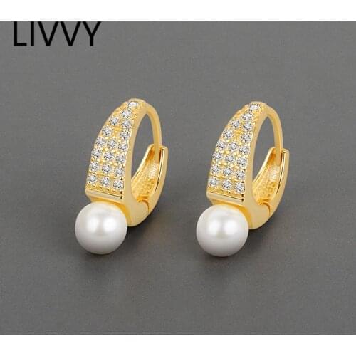 LIVVY Silver Color Prevent Allergy Zircon Pearl Round Earring for Women Fashion Simple Geometric Handmade Party Jewelry