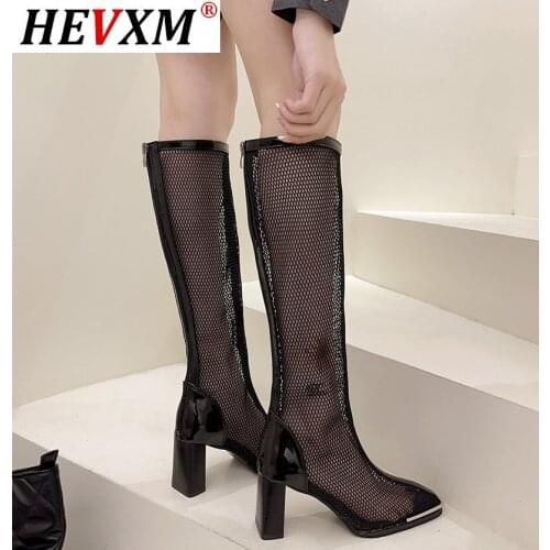 Fashion Girl Solid Summer Boots 2021 High Heels Boots Women Round Toe Solid Hollow Mid Calf Shoes Woman