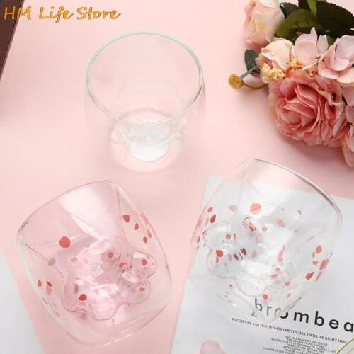 New Cute Sakura Cat Paw Claw Water Cup Floral Cherry Double Layer Glass Coffee Milk Mug Cartoon Transparent Kawaii Water Bottles