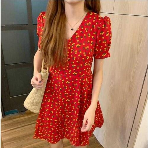 Womens Kawaii Lovely Dresses Ins Chic Cherry Print V-neck High Waist Floral Dress Female Sweet Harajuku Punk Clothes For Women