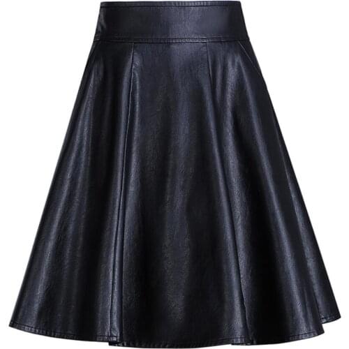 Plus size 5XL! Pu Leather Autumn Skirt Women knee-length High Waist a-line Pleated Skirt office Ladies