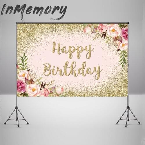 Gold Glitter Happy Birthday Backdrop Floral Flowers Bokeh Dots Adult Girl Birthday Party Photography Background Decor Custom