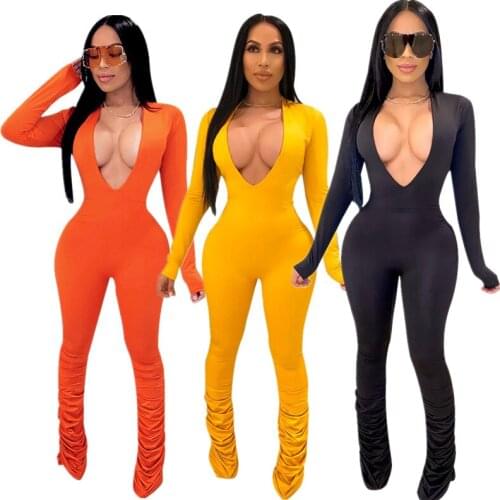 Sexy Bodycon Ruched Pleated Jumpsuit Women Skinny stacked pants Club Outfits V-neck Ripped Rompers Playsuit clubwear in stock