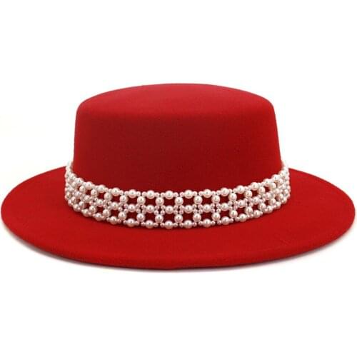 Wool Jazz Fedora Hats Casual Men Women Leather Pearl ribbon Felt Hat white pink yellow Panama Trilby Formal Party Cap 58-61CM