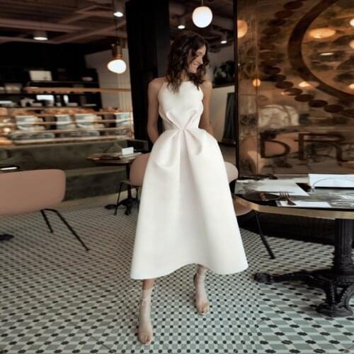 Modern Simple Short 2021 Bridal Wedding Dresses Mid-Calf Sleeveless Backless with Straps Wedding Gowns for Bride 2021 On Sale