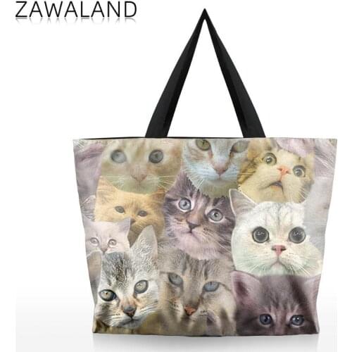 Zawaland Cat Shoulder Bags Canvas Zipper Travel Tote Halloween Party Top Handle Bag Casual Shopping Handbag for Students Girls