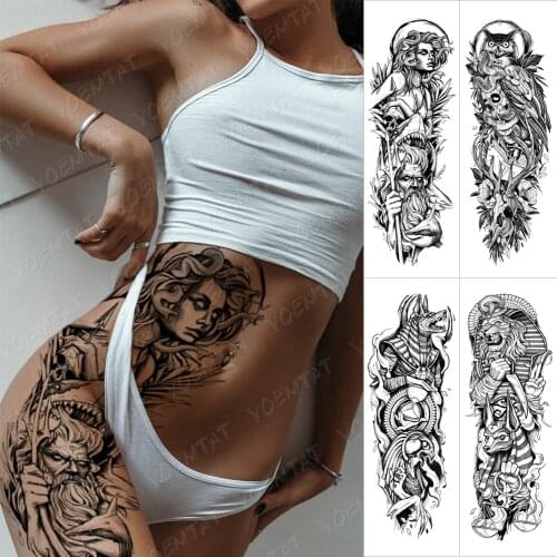 Waterproof Temporary Big Arm Sleeve Tattoo Sticker Greek Goddess Medusa Poseidon Owl Flash Tattoos Woman Body Art Fake Tatto Men