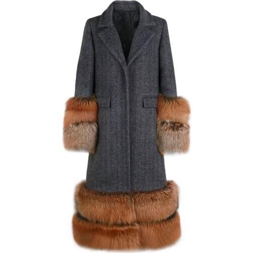 YOLOAgain women natural fox fur sleeve cashmere coat ladies single breasted long wool coat trench