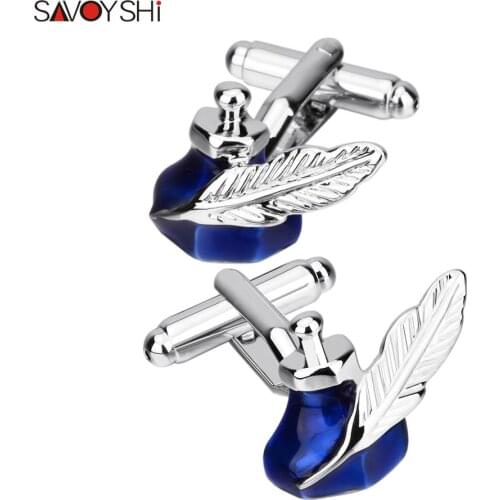 SAVOYSHI Retro Europe Blue Ink tank Cufflinks for Mens Business Shirts Gift High quality Feather Cuff links Free engraving Name
