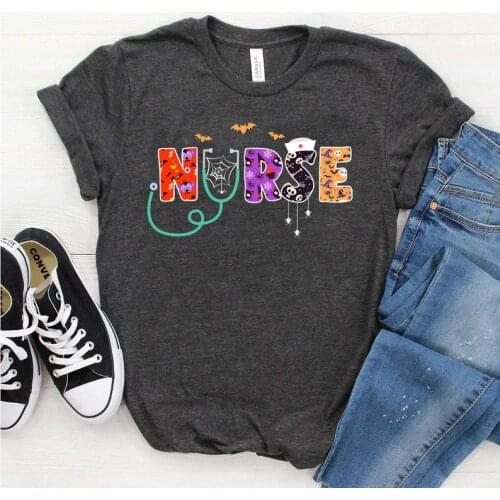 Nurse Halloween Pumpkin Nursing Fall Shirt Fashion 100%Cotton O Neck Female Clothing Plus Size Casual Streetwear Short Sleeve