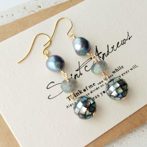 Lii Ji 925 Sterling Silver Gold Color MOB Abalone Shell Pearl Earrings Labradorite Black Gray Drop Earrings Women Jewelry Gift