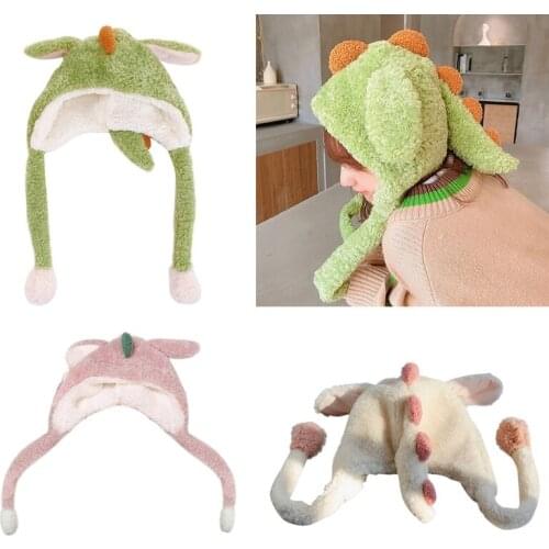 Women Winter Fluffy Plush Hoodie Scarf Hat with Moving Jumping Ears Funny Cartoon Dinosaur Toy Thicken Warm Earflap Cap