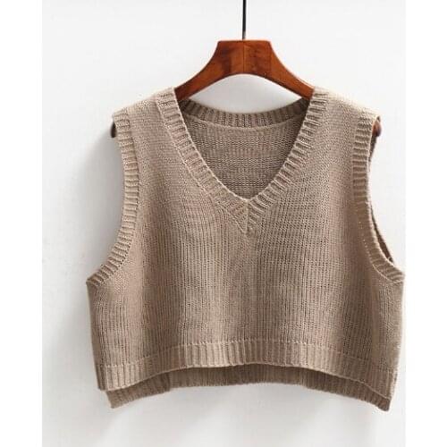 Khaki Korean Autumn Sleeveless Sweater Women Sweet Solid Color V Neck Knitted Loose Sleeveless Slim Vest Jumpers Pull Cloth