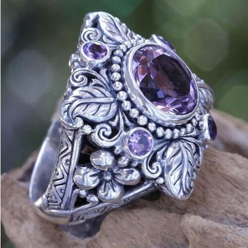 925 Sterling Silver New Luxury Amethyst Lady Ring Trendy Personality Leaf Flower Hollow-out Jewelry Finger Ring Hand Ornaments