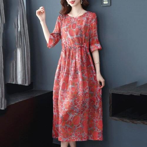 Women 2021 Summer Fashion Loose Cotton Linen Dress Female New Printed Long Dresses Ladies O-neck Loose A-line Vestidos W73