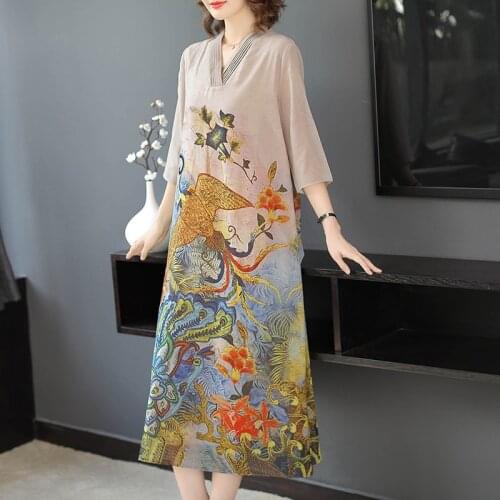 Autumn dress female 2019 new ladies temperament Chinese style V-neck retro printed mid-length chiffon dress summer