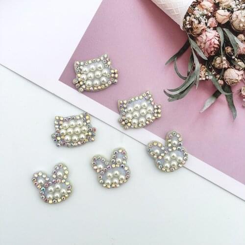 20Pcs/lots 3D Sew-On DIY Pearl Crystal Cat Rabbit Patches for Clothing Home Decoration Applique Rhinestone Animal Motif Patches