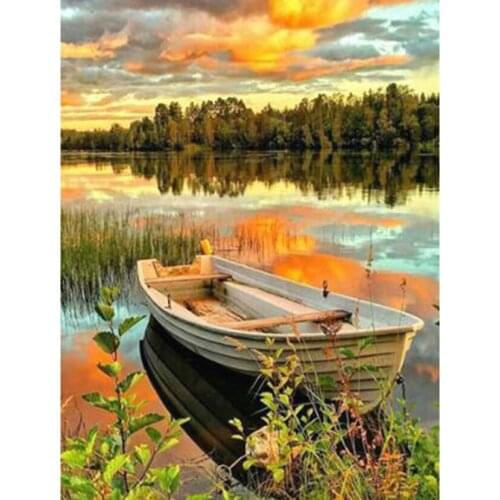 5D DIY Diamond Painting Landscape Picture Lakeside Boat Picture Square/Round Diamond Cross Stitch Embroidery Decoration WG2970