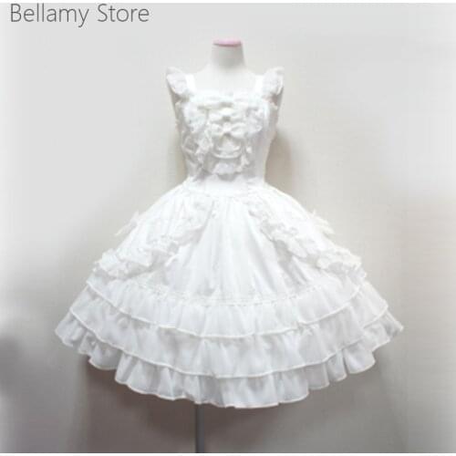 White Retro Lolita fly sleeve bow wood ear trim ruffled cake dress